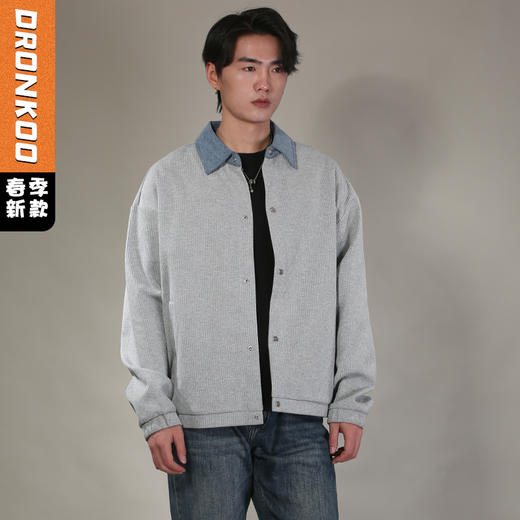 DRONKOO 2026 翻领牛仔拼领金属扣针织中厚开衫 商品图0