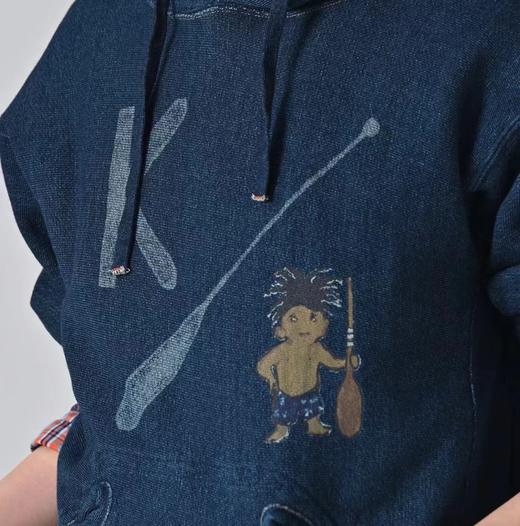 F012474靛蓝侧拼罗纹划桨图案插兜连帽卫衣 商品图7