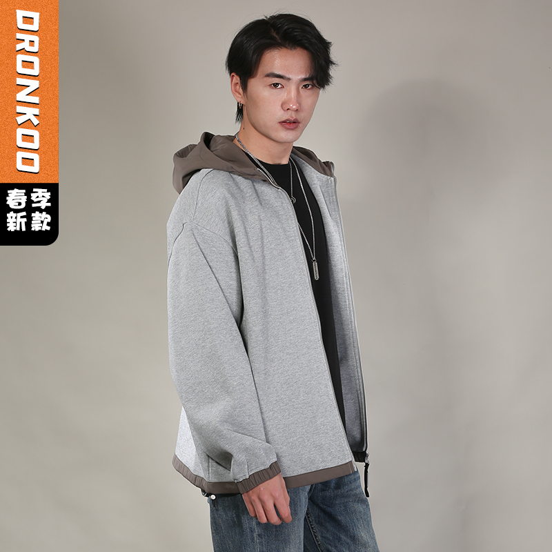 DRONKOO 2026 连帽帽子下摆袖口撞梭织料针织中厚开衫