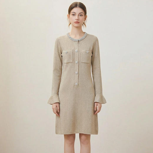 「自」全新升级【铂金会员441/天猫589/差价148】(00042)洛诗琳重工镶钻连衣裙2026新款法式小香风高级感显瘦针织裙 商品图1