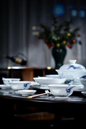 富玉  景德镇高温瓷玲珑餐具 丹若迎福中式陶瓷餐具礼盒装