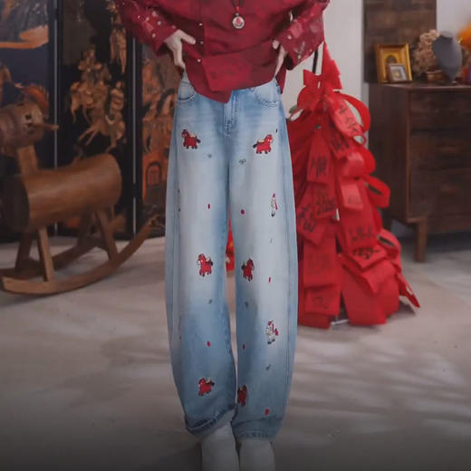 丁摩 马上有钱刺绣牛仔裤女春冬新款高腰宽松阔脚裤休闲拖地长裤5ZF-117 商品图2