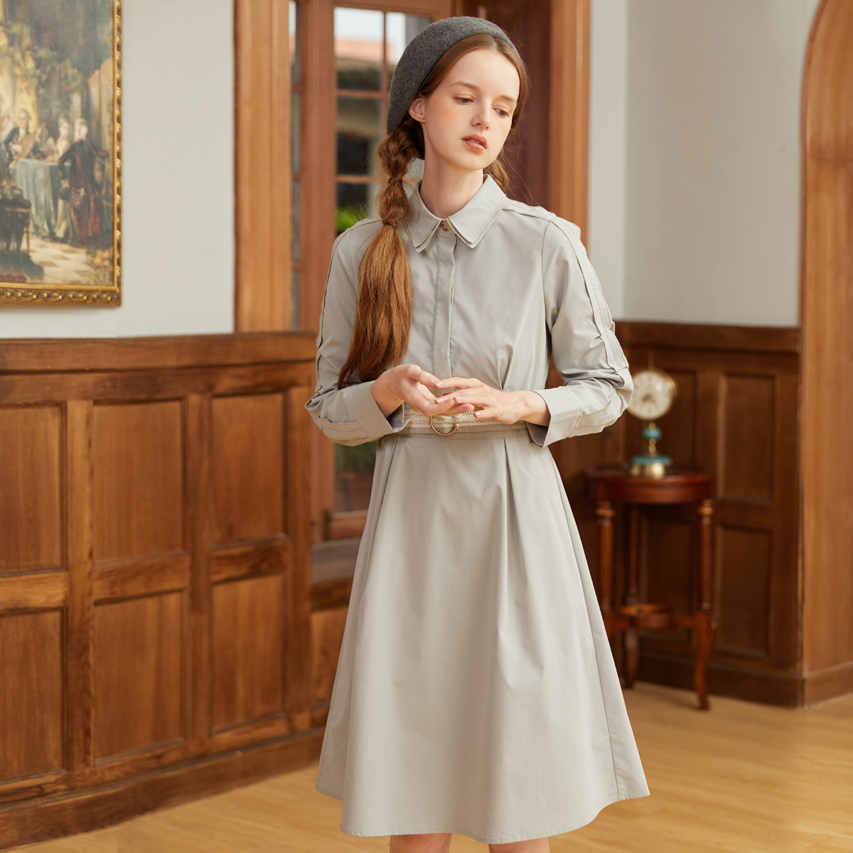 famecoco范可儿蕾丝腰带衬衫裙春秋季气质大方收腰显瘦猎装式连衣裙F211FA004