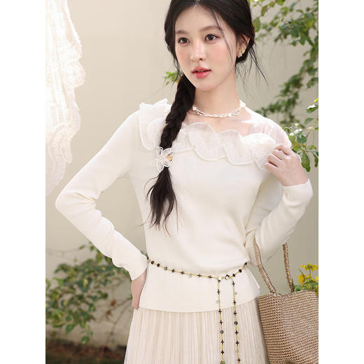 鹿向南「山茶花香」法式温柔杏色长袖方领针织衫女春季设计感上衣 商品图1