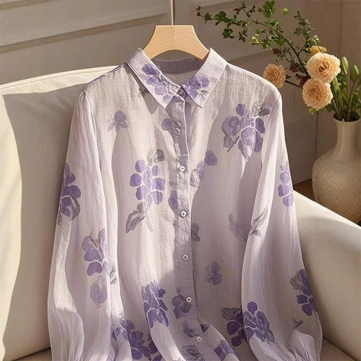 丁摩 高端别致超好看独特漂亮法式上衣紫色印花衬衫女5ZF-3082 商品图3