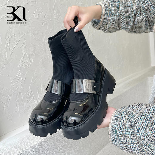 BAKERLOO女鞋牛皮针织拼接高筒玛丽珍厚底靴HD810 商品图3