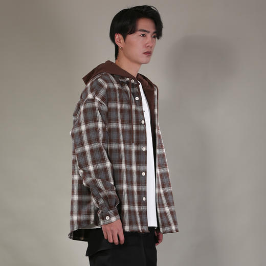 DRONKOO 2026 针织连帽拼接假两件撞色格纹中厚衬衣外套 商品图3