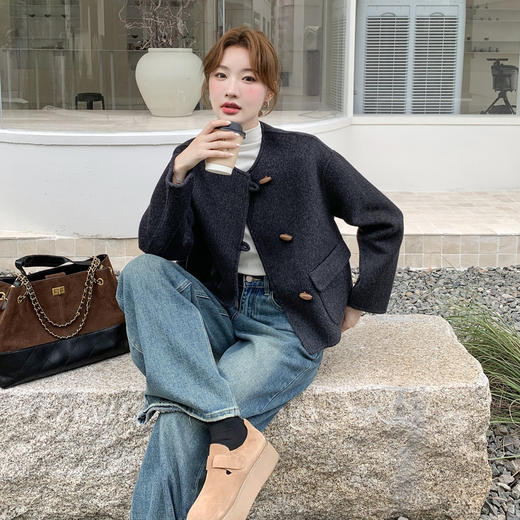 丁摩 秋冬新款双面呢外套女时尚高级感小香风圆领羊毛呢子大衣5ZF-9298 商品图2