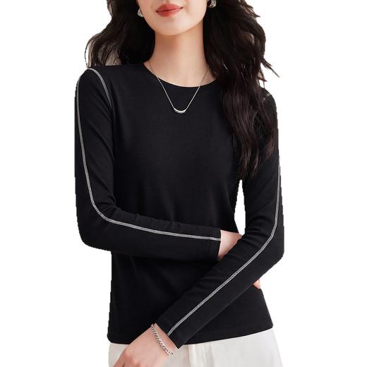 丁摩春季新款圆领明线撞色线长袖T恤女无束缚修身长袖上衣打底衫5ZF-W22 商品图4