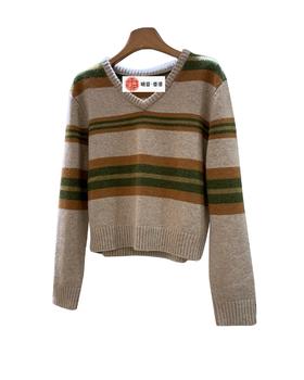 女款v领条纹针织毛衣zh