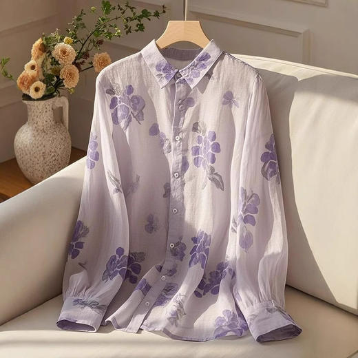 丁摩 高端别致超好看独特漂亮法式上衣紫色印花衬衫女5ZF-3082 商品图1