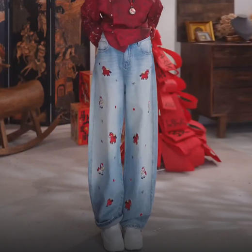 丁摩 马上有钱刺绣牛仔裤女春冬新款高腰宽松阔脚裤休闲拖地长裤5ZF-117 商品图4