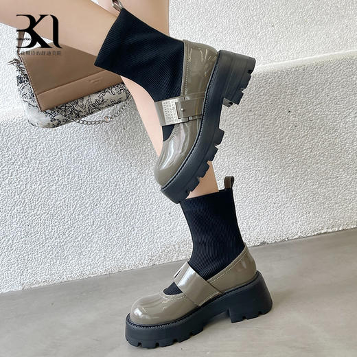 BAKERLOO女鞋牛皮针织拼接高筒玛丽珍厚底靴HD810 商品图1