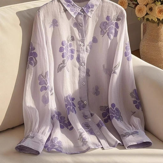 丁摩 高端别致超好看独特漂亮法式上衣紫色印花衬衫女5ZF-3082 商品图2