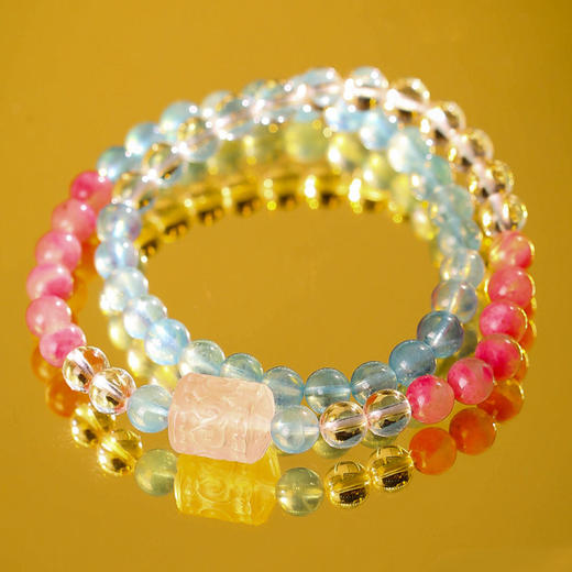 【祈愿吉品】海蓝宝双圈手链女 粉水晶蔷薇石手串 商品图3