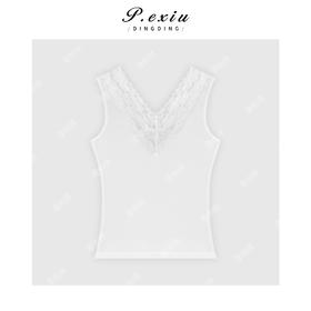 04-1潘依绣丁丁宠粉纯色简约小V领蕾丝边打底背心 Q78050