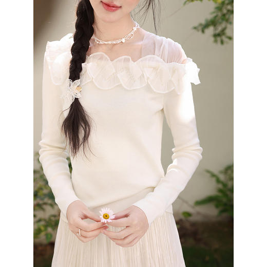 鹿向南「山茶花香」法式温柔杏色长袖方领针织衫女春季设计感上衣 商品图0