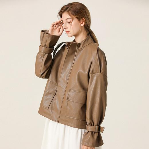 Famecoco范可儿春秋季时尚立领宽松短款PU皮衣外套F201AG102 商品图1