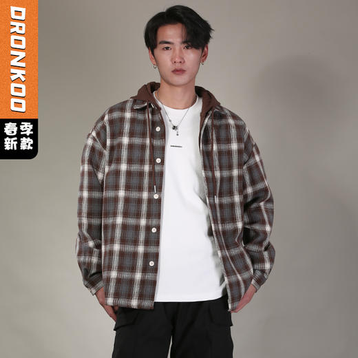 DRONKOO 2026 针织连帽拼接假两件撞色格纹中厚衬衣外套 商品图0