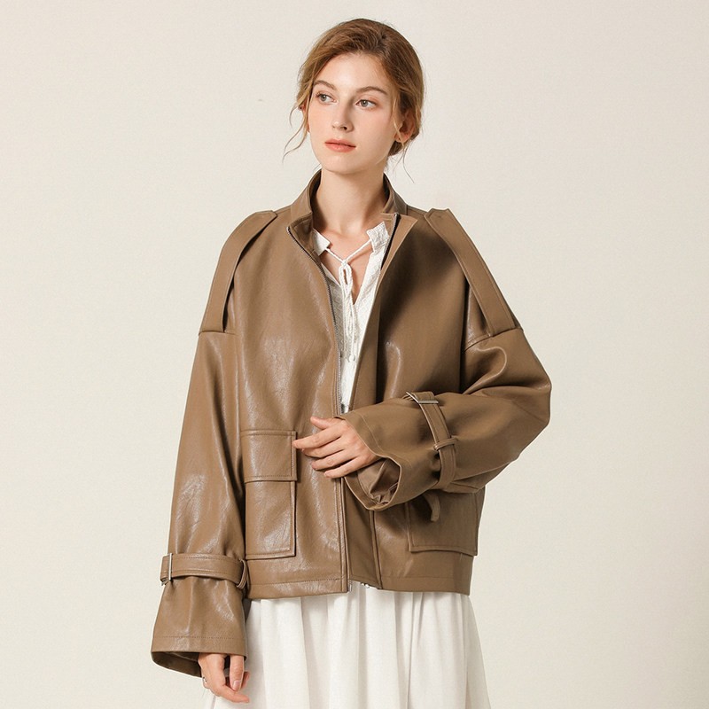 Famecoco范可儿春秋季时尚立领宽松短款PU皮衣外套F201AG102