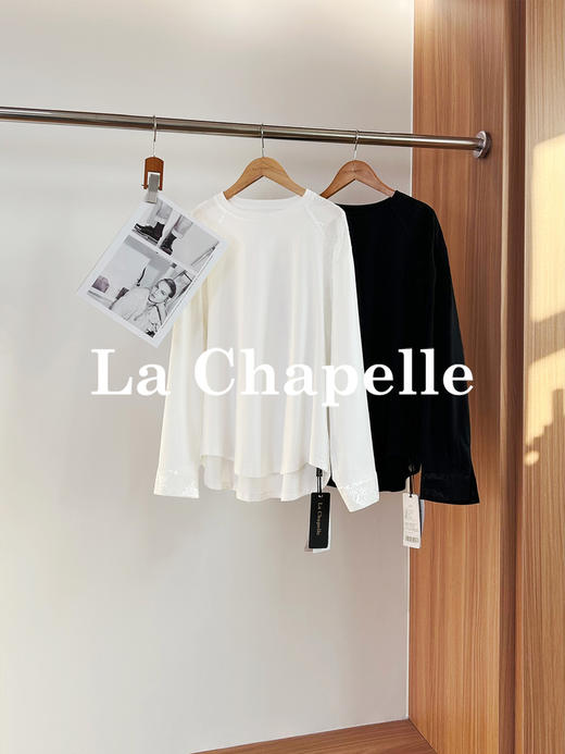 专柜实拍【新中式格调】拉夏贝尔/La Chapelle纯棉亲肤透气~圆领拼接提花长袖T恤 商品图0
