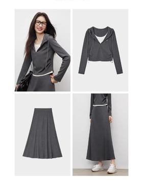 2026春新款休闲连帽假两件卫衣+半裙两件套