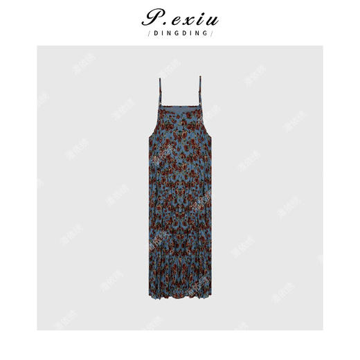 04-3潘依绣丁丁宠粉夏季度假风复古碎花压褶气质吊带连衣裙 Q6050 商品图0