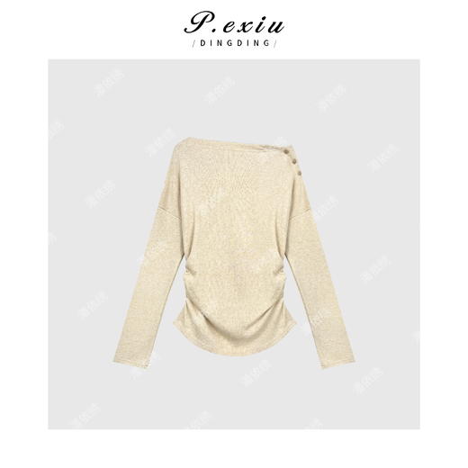 04-1潘依绣丁丁宠粉设计感肩膀扣一字领两边抽绳打底T恤 Q56040 商品图0