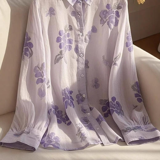 丁摩 高端别致超好看独特漂亮法式上衣紫色印花衬衫女5ZF-3082 商品图4