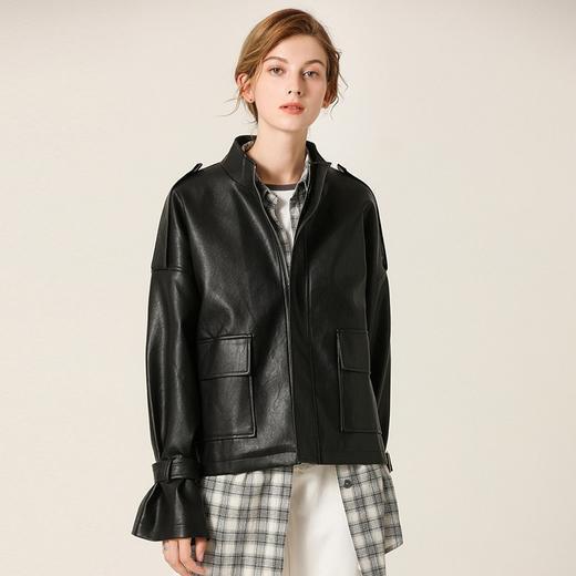 Famecoco范可儿春秋季时尚立领宽松短款PU皮衣外套F201AG102 商品图3