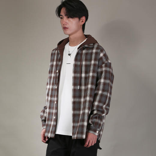 DRONKOO 2026 针织连帽拼接假两件撞色格纹中厚衬衣外套 商品图1