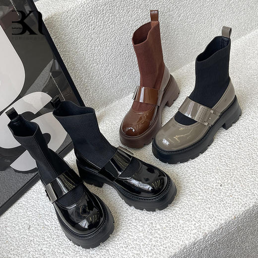 BAKERLOO女鞋牛皮针织拼接高筒玛丽珍厚底靴HD810 商品图4