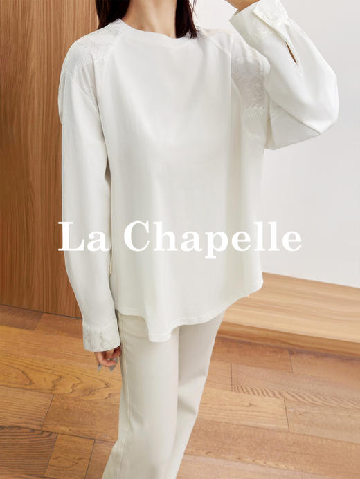专柜实拍【新中式格调】拉夏贝尔/La Chapelle纯棉亲肤透气~圆领拼接提花长袖T恤 商品图5