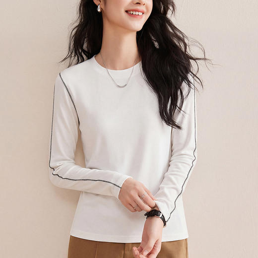 丁摩春季新款圆领明线撞色线长袖T恤女无束缚修身长袖上衣打底衫5ZF-W22 商品图2