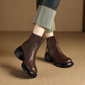 【预售5天】圆头后拉链时装靴头层牛皮厚底马丁靴简约时尚百搭粗跟高跟短靴&379-11