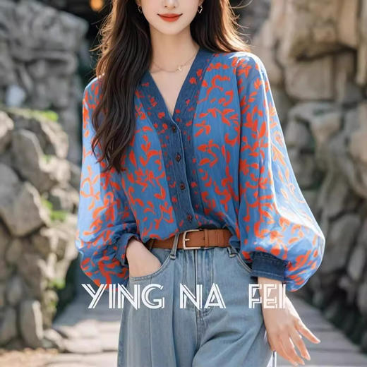 丁摩 洋气蓝色印花v领长袖衬衫女装春秋新款独特韩系别致上衣5ZF- 9370 商品图2