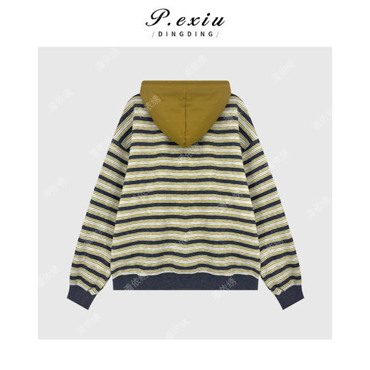 04-1潘依绣丁丁宠粉条纹撞色磨绒宽松减龄连帽抽绳长袖卫衣 SH0261A 商品图2
