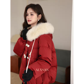 鹿向南「巴黎红枫叶」红色白鸭绒羽绒服女冬季宽松保暖短款外套