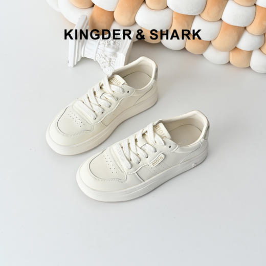 经典鲨2026春专柜新品牛皮革韩版系带平底舒适透气小白鞋女KW160-617071 商品图0