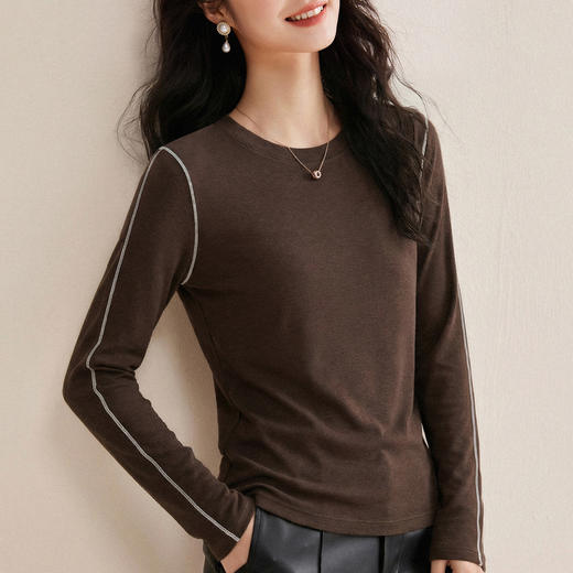 丁摩春季新款圆领明线撞色线长袖T恤女无束缚修身长袖上衣打底衫5ZF-W22 商品图1