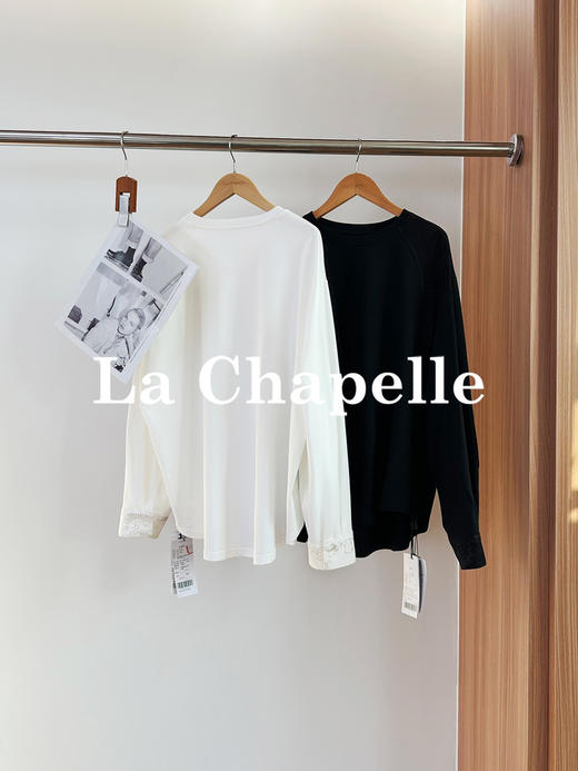 专柜实拍【新中式格调】拉夏贝尔/La Chapelle纯棉亲肤透气~圆领拼接提花长袖T恤 商品图1