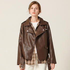 Famecoco范可儿春秋季时尚立领宽松短款PU皮衣外套F201AG103