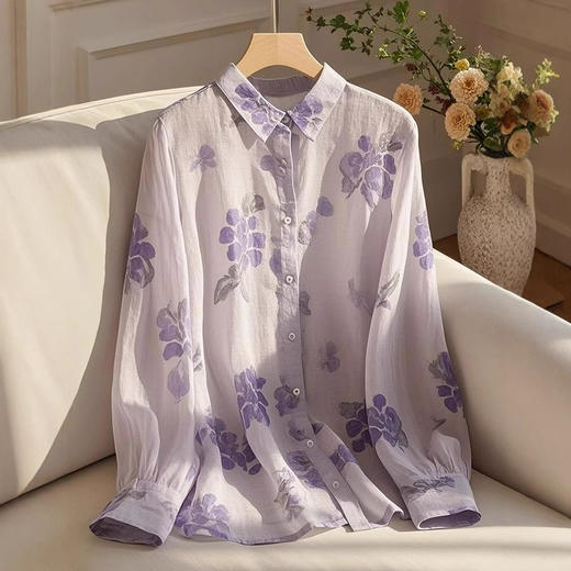 丁摩 高端别致超好看独特漂亮法式上衣紫色印花衬衫女5ZF-3082 商品图0