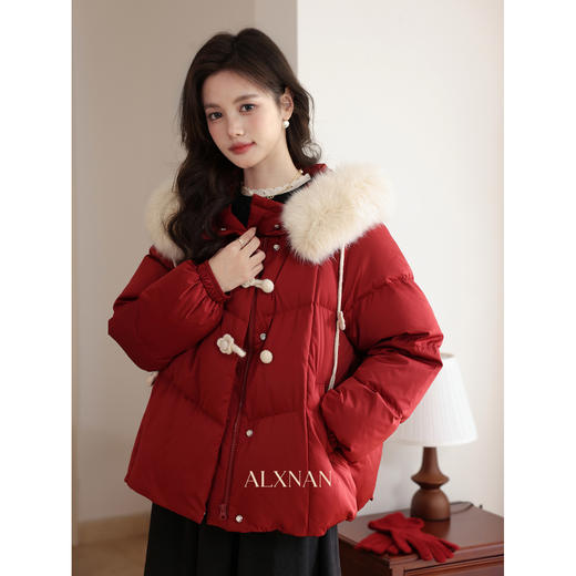 鹿向南「巴黎红枫叶」红色白鸭绒羽绒服女冬季宽松保暖短款外套 商品图2