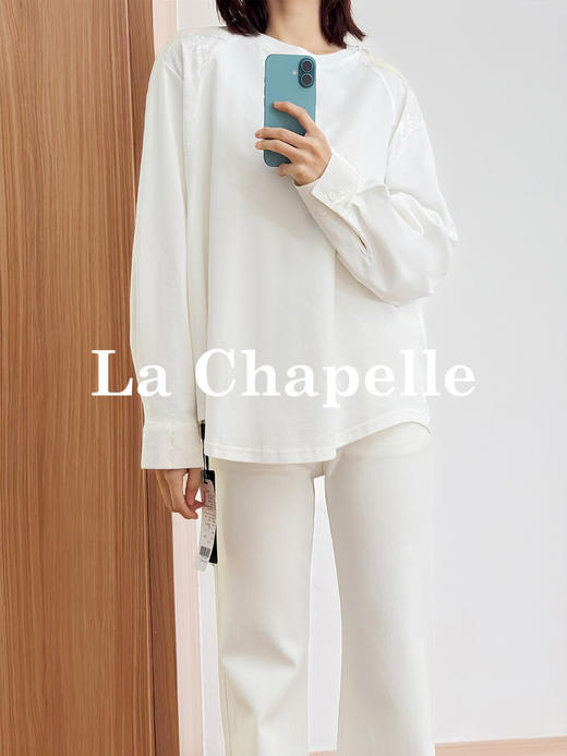 专柜实拍【新中式格调】拉夏贝尔/La Chapelle纯棉亲肤透气~圆领拼接提花长袖T恤 商品图2