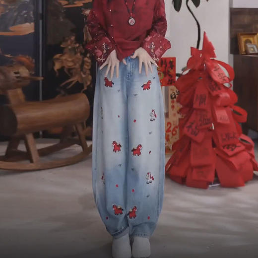 丁摩 马上有钱刺绣牛仔裤女春冬新款高腰宽松阔脚裤休闲拖地长裤5ZF-117 商品图3