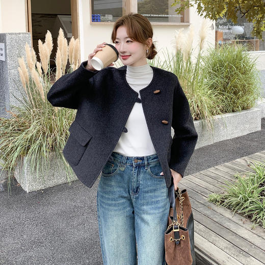 丁摩 秋冬新款双面呢外套女时尚高级感小香风圆领羊毛呢子大衣5ZF-9298 商品图0