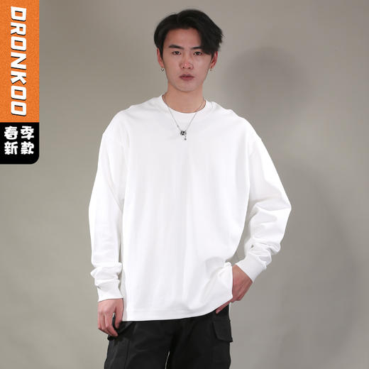 DRONKOO 2026 圆领后中皮标侧开衩弧摆微阔长袖中厚T恤 商品图0
