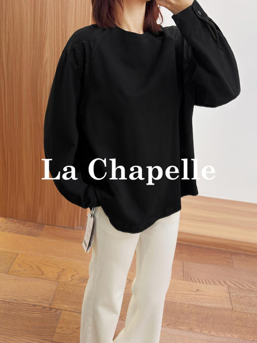 专柜实拍【新中式格调】拉夏贝尔/La Chapelle纯棉亲肤透气~圆领拼接提花长袖T恤 商品图3