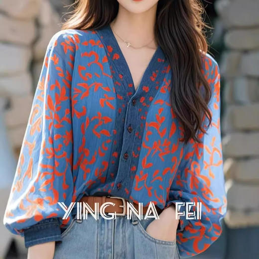 丁摩 洋气蓝色印花v领长袖衬衫女装春秋新款独特韩系别致上衣5ZF- 9370 商品图4